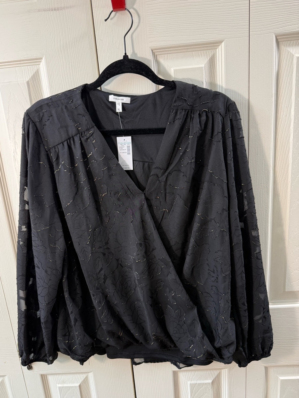 Maurices Black Gold Metallic Floral Surplice V-Neck Sheer Long Sleeve Blouse XL